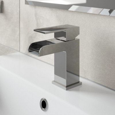 Aurora Modern Waterfall Bathroom Mono Basin Sink Mixer Tap Square Brass Single Lever