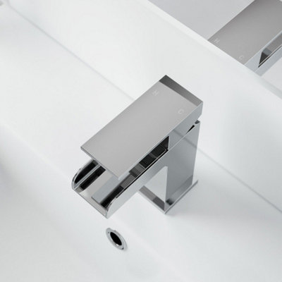 Aurora Modern Waterfall Bathroom Mono Basin Sink Mixer Tap Square Brass Single Lever