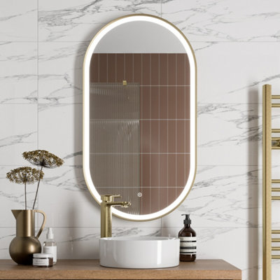 Aurora Oval LED Mirror Touch Designer Bathroom Demister Mains Brushed Brass 550x1000mm