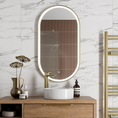 Aurora Oval LED Mirror Touch Designer Bathroom Demister Mains Brushed Brass 550x1000mm