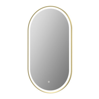 Aurora Oval LED Mirror Touch Designer Bathroom Demister Mains Brushed Brass 550x1000mm