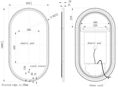 Aurora Oval LED Mirror Touch Designer Bathroom Demister Mains Brushed Brass 550x1000mm
