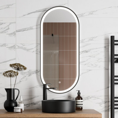 Aurora Oval LED Mirror Touch Designer Bathroom Demister Mains Matt Black 450x1000mm