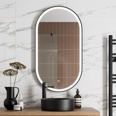Aurora Oval LED Mirror Touch Designer Bathroom Demister Mains Matt Black 550x1000mm