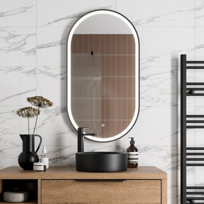 Aurora Oval LED Mirror Touch Designer Bathroom Demister Mains Matt Black 550x1000mm