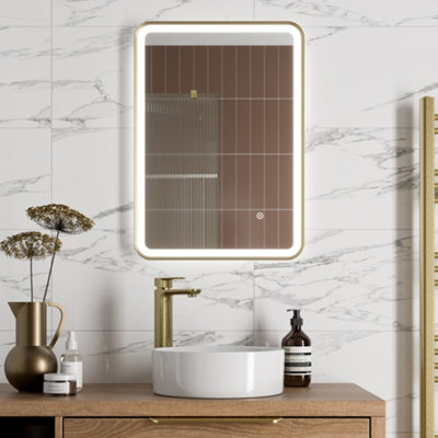 Aurora Rectangular LED Mirror Touch Bathroom Demister Mains Brushed Brass 500x700mm