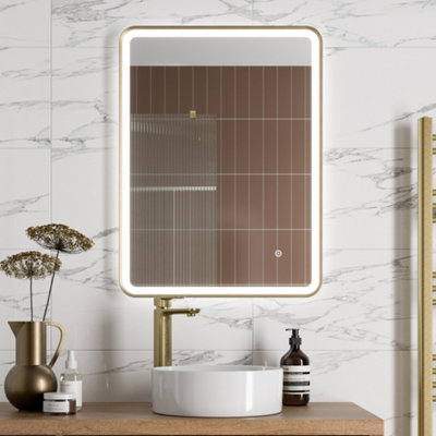 Aurora Rectangular LED Mirror Touch Bathroom Demister Mains Brushed Brass 600x800mm