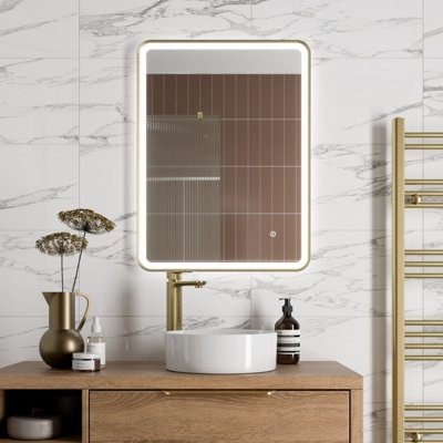 Aurora Rectangular LED Mirror Touch Bathroom Demister Mains Brushed Brass 600x800mm