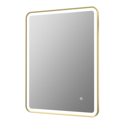 Aurora Rectangular LED Mirror Touch Bathroom Demister Mains Brushed Brass 600x800mm