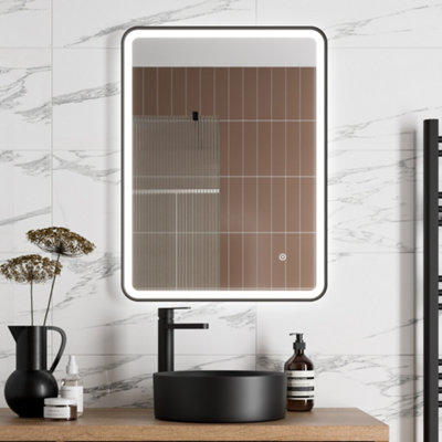 Aurora Rectangular LED Mirror Touch Bathroom Demister Mains Matt Black 600x800mm