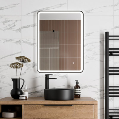 Aurora Rectangular LED Mirror Touch Bathroom Demister Mains Matt Black 600x800mm