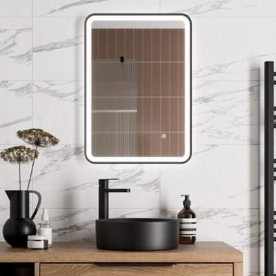 Aurora Rectangular LED Mirror Touch Bathroom Demister Modern Mains Matt Black 500x700mm