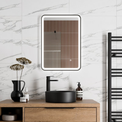 Aurora Rectangular LED Mirror Touch Bathroom Demister Modern Mains Matt Black 500x700mm