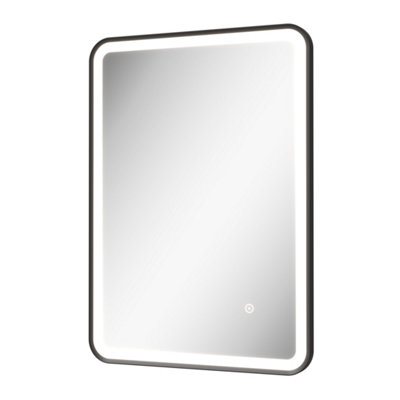 Aurora Rectangular LED Mirror Touch Bathroom Demister Modern Mains Matt Black 500x700mm
