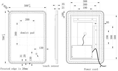 Aurora Rectangular LED Mirror Touch Bathroom Demister Modern Mains Matt Black 500x700mm