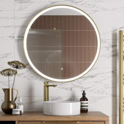 Aurora Round LED Mirror Illuminated Touch Bathroom Demister Mains Brushed Brass 800mm
