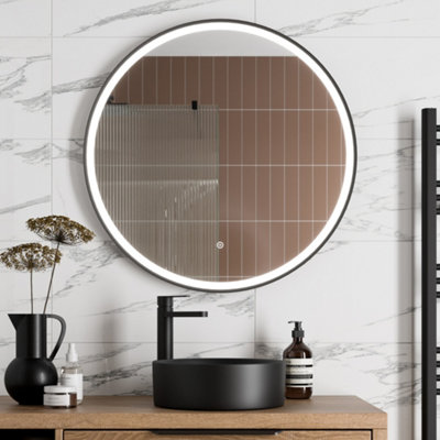 Aurora Round LED Mirror Illuminated Touch Bathroom Demister Mains Matt Black 800mm