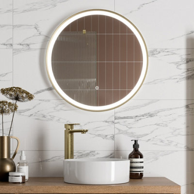 Aurora Round LED Mirror Illuminated Touch Bathroom Demister Mains Powered Brushed Brass