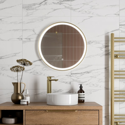 Aurora Round LED Mirror Illuminated Touch Bathroom Demister Mains Powered Brushed Brass
