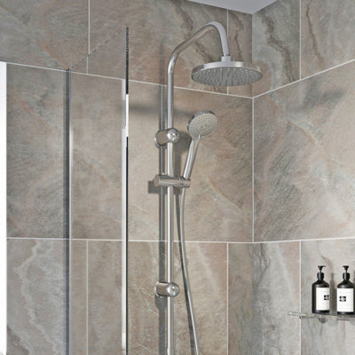 Aurora Round Shower Riser Kit Chrome Dual Shower Heads Adjustable Overhead Bathroom