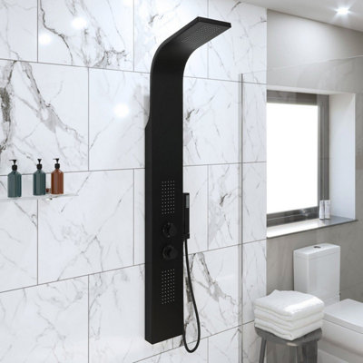 Aurora Thermostatic Bathroom Shower Tower Panel Column Body Jets Twin Head Matt Black