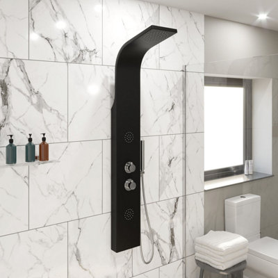 Aurora Thermostatic Shower Panel Column Tower Body Jets Twin Head Aluminium Black