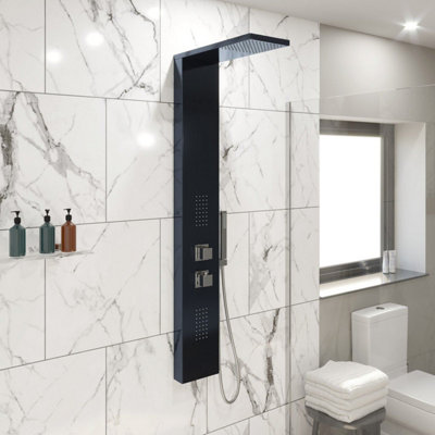 Aurora Thermostatic Shower Panel Column Tower Body Jets Twin Head Bathroom Shower Black