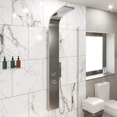 Aurora Thermostatic Shower Panel Column Tower Body Jets Twin Head Bathroom Silver