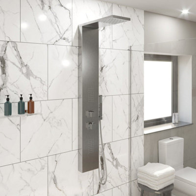Aurora Thermostatic Shower Panel Column Tower Body Jets Twin Head Brushed Steel Finish
