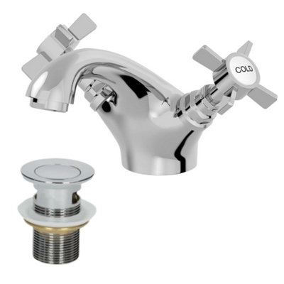 Aurora Traditional Basin Mixer Tap & Waste Set - Round Twin Crosshead Handle - Chrome
