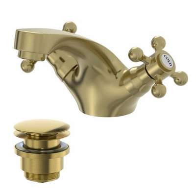 Aurora Traditional Basin Mixer Tap & Waste Set - Twin Crosshead Handle - Brushed Brass