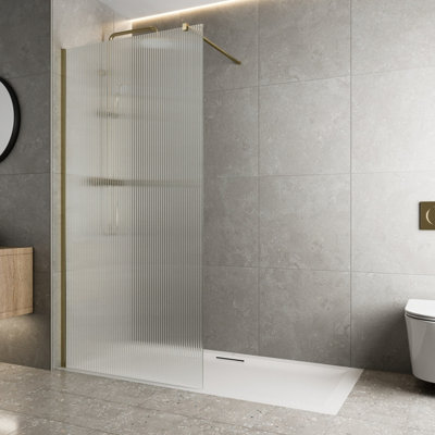 Aurora Walk In Wet Room Shower Screen Frameless 8mm Fluted Glass Brushed Brass 1400mm