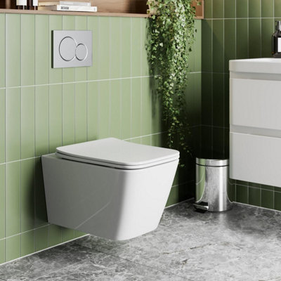 Aurora Wall Hung Rimless Square Toilet Pan Soft Close Seat Gloss White Bathroom Modern