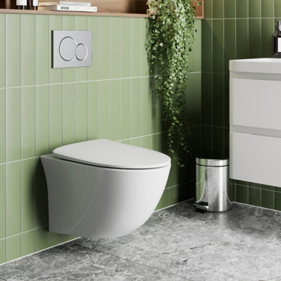 Aurora Wall Hung Rimless Toilet Pan Soft Close Seat Gloss White Bathroom Modern