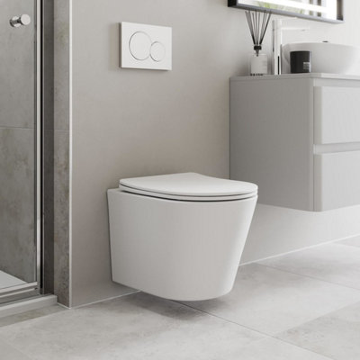 Aurora Wall Hung Rimless Toilet Pan Soft Close Seat Matt White Bathroom Modern
