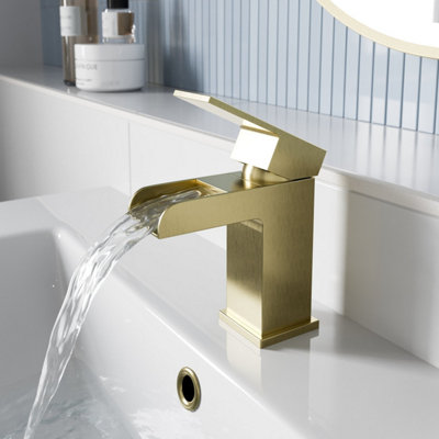 Aurora Waterfall Basin Mixer Tap Square Mono Single Lever Faucet Brushed Brass