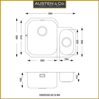 Austen & Co. Capri Stainless Steel Undermount 1.5 Bowl Kitchen Sink, Left Hand Main Bowl