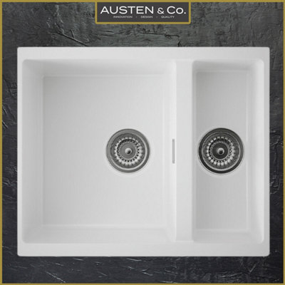 Austen & Co. Florence Inset & Undermount 1.5 Bowl Reversible Granite Kitchen Sink With Strainer & Over Flow Kit - White