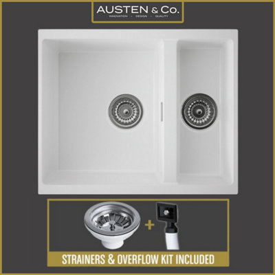 Austen & Co. Florence Inset & Undermount 1.5 Bowl Reversible Granite Kitchen Sink With Strainer & Over Flow Kit - White
