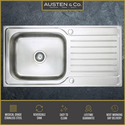 Austen & Co. Florenzo Large Stainless Steel Inset Reversible Single Bowl Kitchen Sink With Drainer, Lifetime Guarantee
