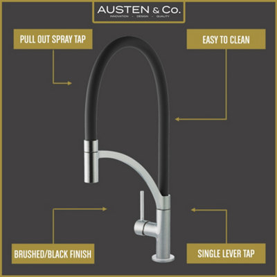 Austen & Co. Madrid Brushed Chrome With Black Pullout Spray Hose Kitchen Mixer Tap. Single Lever Handle & 360 Degree Spout