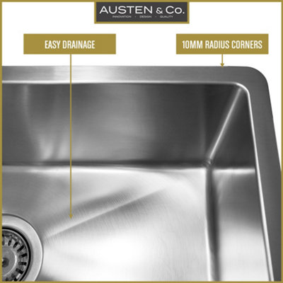 Austen & Co. Orla 1.5 Bowl Stainless Steel Kitchen Sink 590 x 440mm - Left Hand Main Bowl/Right Hand Small Bowl