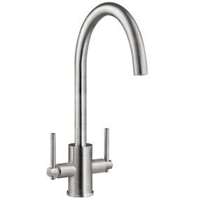 Austen & Co. Ronda Brushed Chrome Kitchen Mixer Tap. Twin Lever Handle, Water Saving Aerator, 5-Year Guarantee & 360 Degree Spout