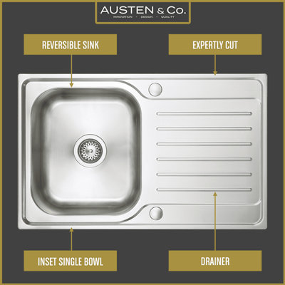 Austen & Co. Verona Stainless Steel Inset Reversible Single Bowl Kitchen Sink With Drainer, Lifetime Guarantee, Fast Delivery