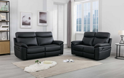 Austin Black Genuine Reclining Sofa Suite Manual Recliner Set Real Leather
