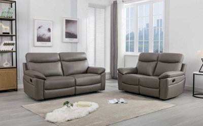 Austin Taupe Grey Genuine Reclining Sofa Suite Manual Recliner Set Real Leather