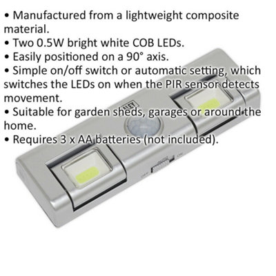 Auto Light with PIR Sensor - 1W COB LED - On / Off Switch - Battery Powered