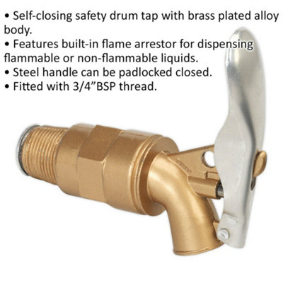 Auto-Release Locking Drum Tap - 3/4" BSP Thread - Flame Arrestor - Brass Alloy