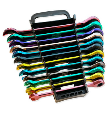 Autojack 12 Piece Multi Coloured Ratchet Spanner Set Colour Coded with Storage Rack