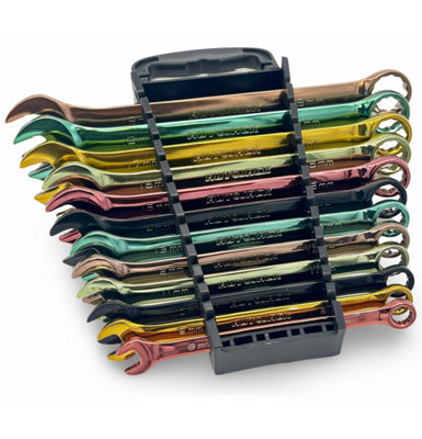 Autojack 12 Piece Spanner Set Multi Coloured Combination Wrench 8mm 19mm Includes Storage Rack
